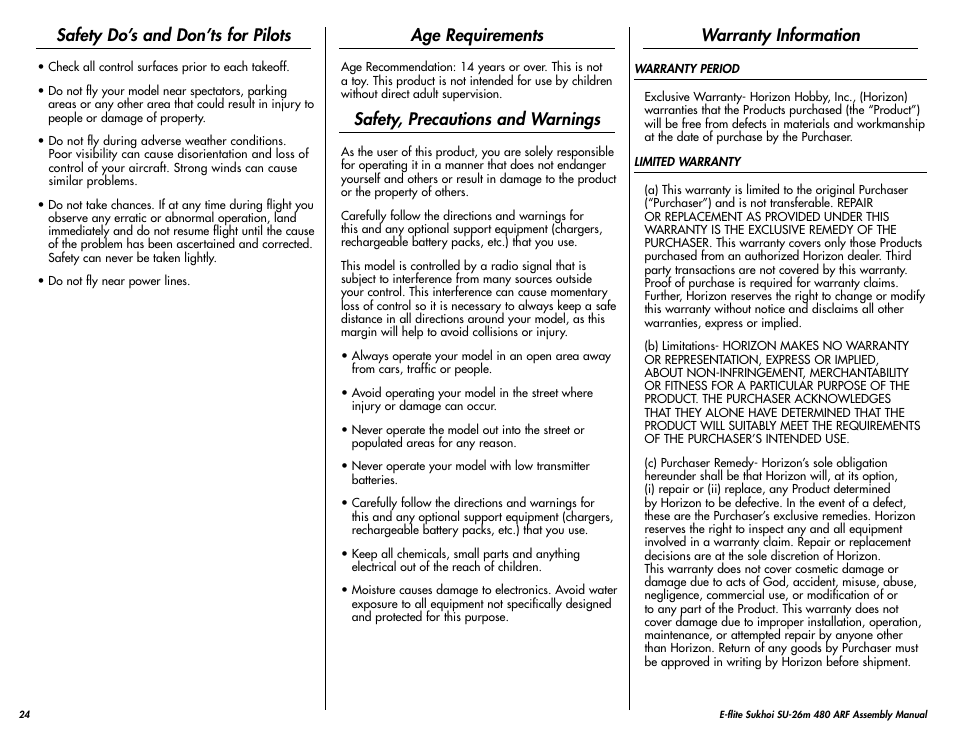 Safety do’s and don’ts for pilots, Safety precautions, Age requirements | Warranty information, Safety, precautions and warnings | E-flite Sukhoi SU-26m 480 ARF User Manual | Page 24 / 28
