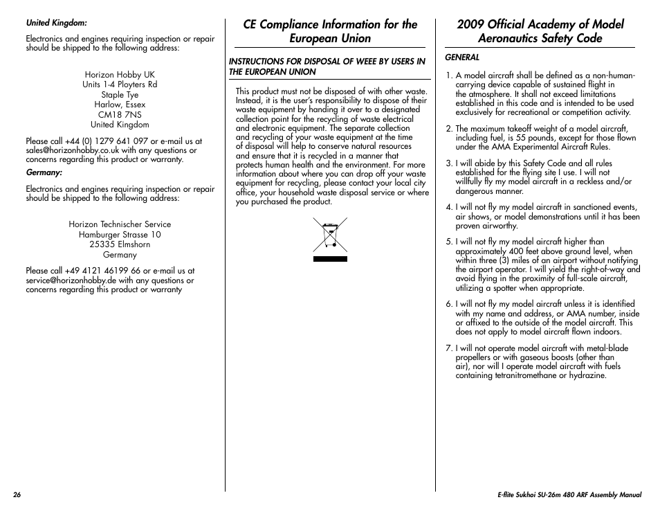 Ce compliance information for the european union | E-flite Sukhoi SU-26m 480 ARF User Manual | Page 26 / 28