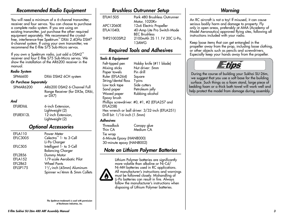 Recommended radio equipment, Optional accessories, Brushless outrunner setup | Required tools and adhesives, Note on lithium polymer batteries, Warning | E-flite Sukhoi SU-26m 480 ARF User Manual | Page 3 / 28