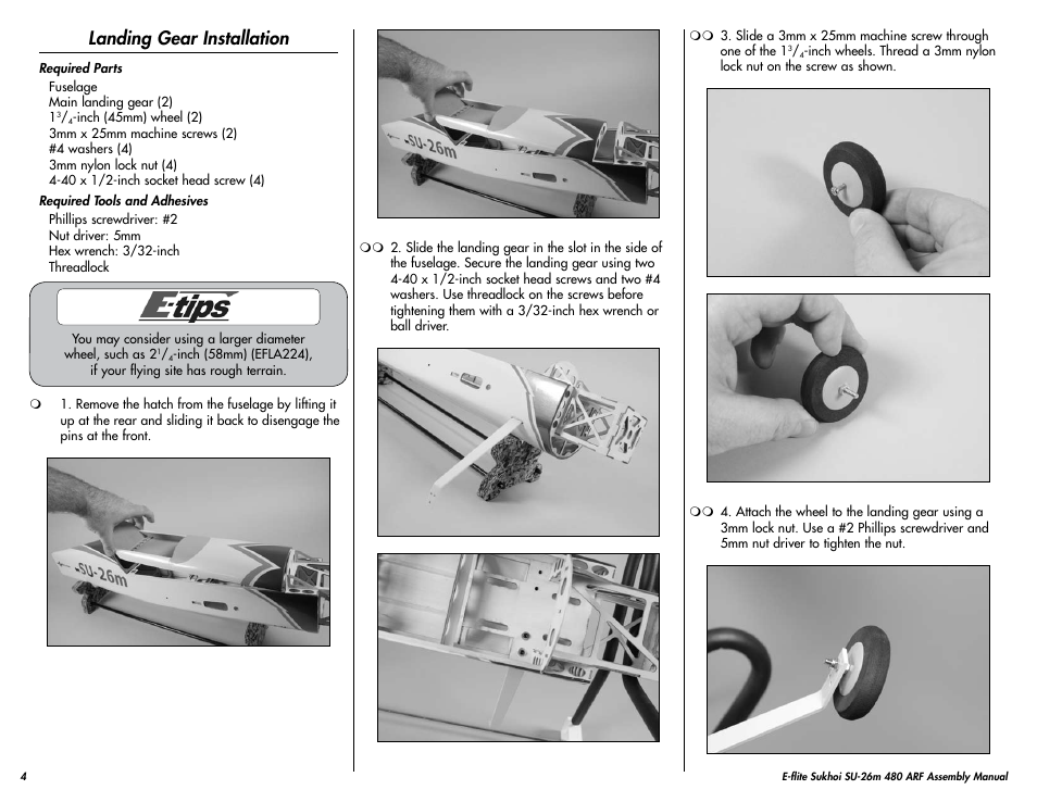 Landing gear installation | E-flite Sukhoi SU-26m 480 ARF User Manual | Page 4 / 28