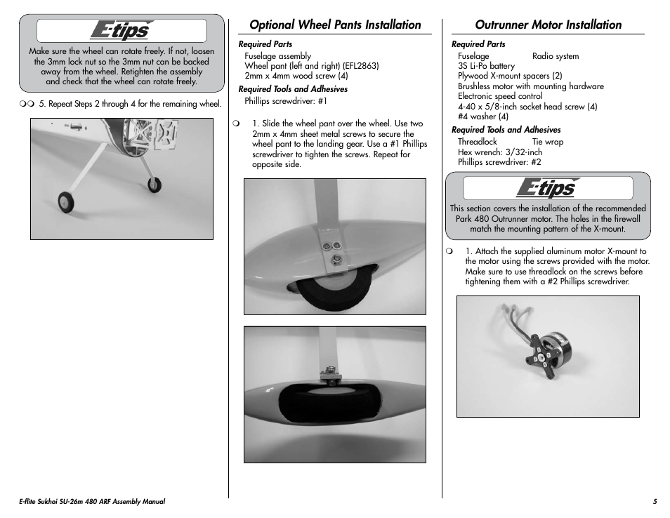 Optional wheel pants installation, Outrunner motor installation | E-flite Sukhoi SU-26m 480 ARF User Manual | Page 5 / 28