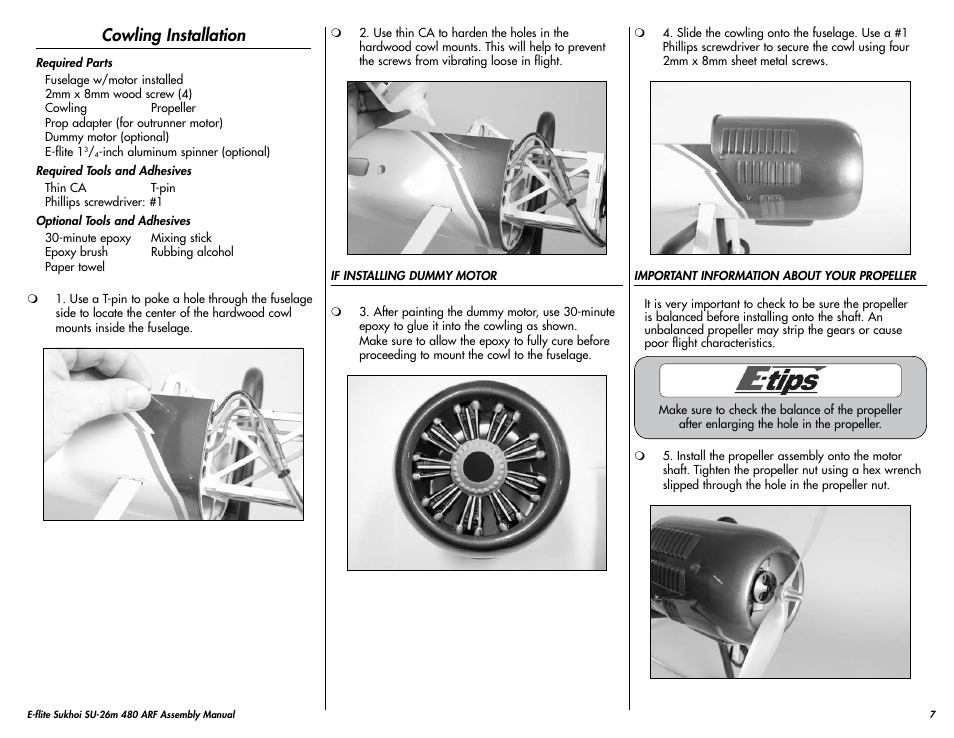 Cowling installation | E-flite Sukhoi SU-26m 480 ARF User Manual | Page 7 / 28