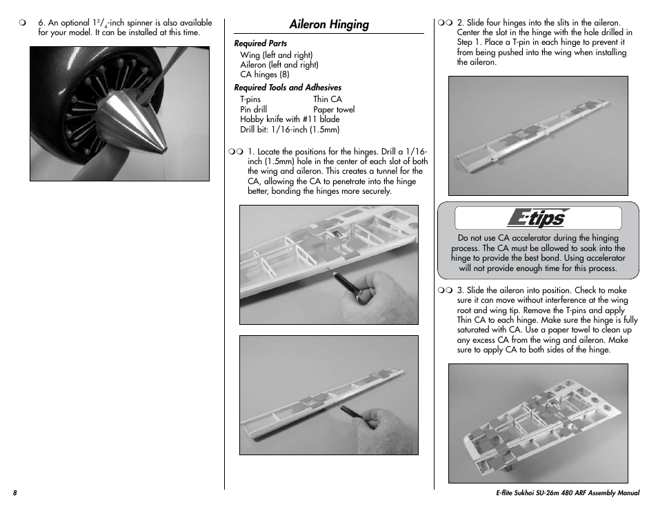 Aileron hinging | E-flite Sukhoi SU-26m 480 ARF User Manual | Page 8 / 28