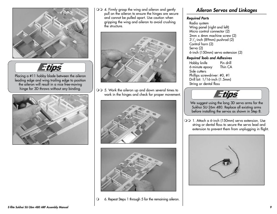 Aileron servos and linkages | E-flite Sukhoi SU-26m 480 ARF User Manual | Page 9 / 28