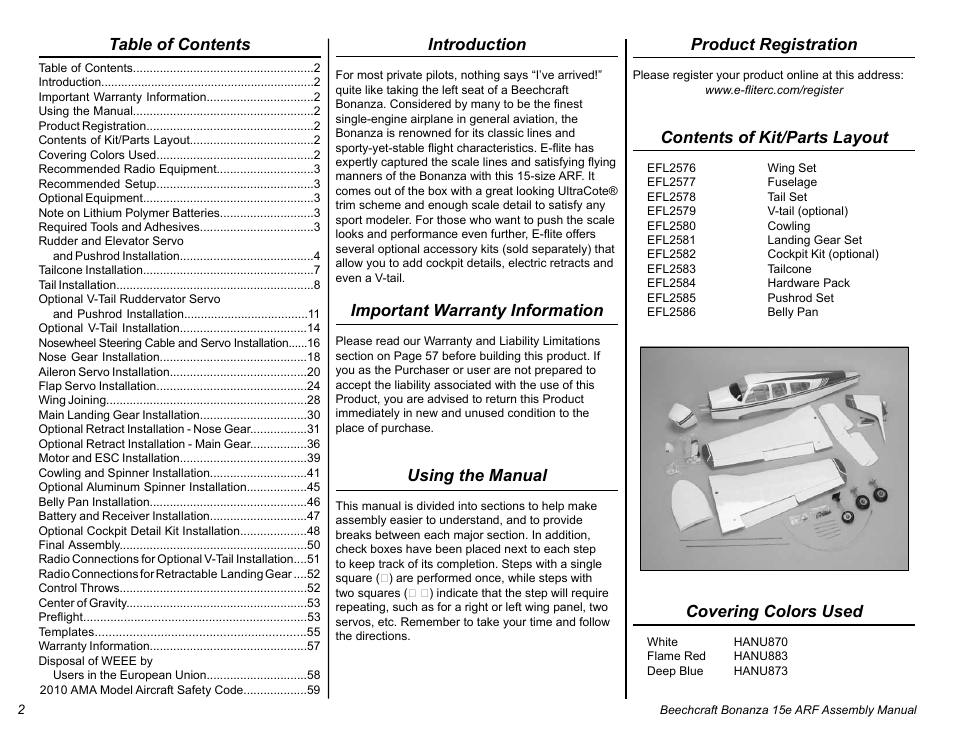 E-flite Beechcraft Bonanza 15e ARF User Manual | Page 2 / 60