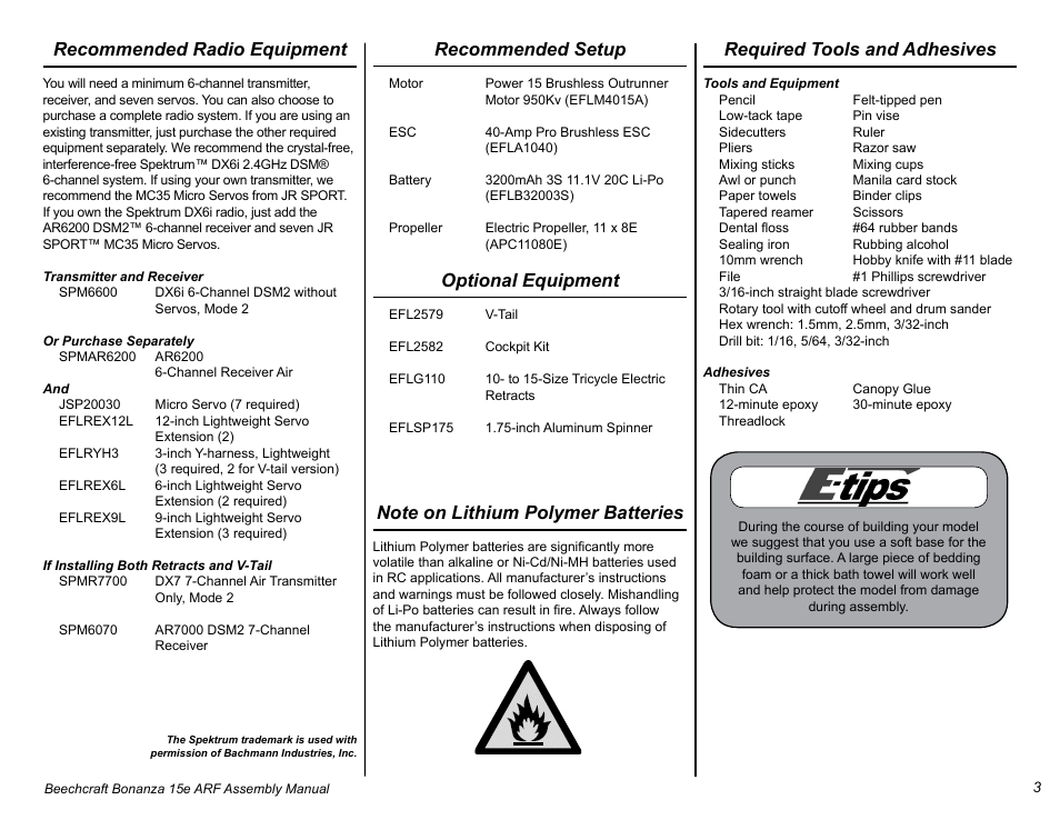 Recommended radio equipment, Recommended setup, Optional equipment | Required tools and adhesives | E-flite Beechcraft Bonanza 15e ARF User Manual | Page 3 / 60