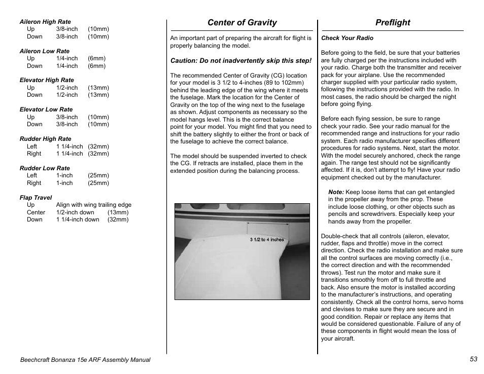 Center of gravity, Preflight | E-flite Beechcraft Bonanza 15e ARF User Manual | Page 53 / 60