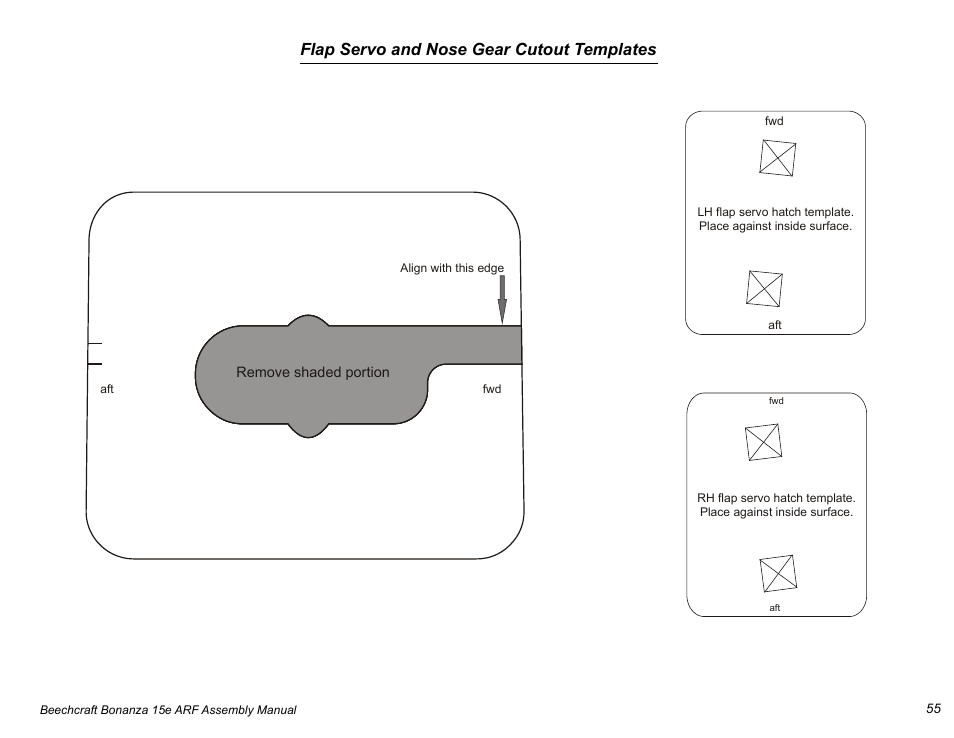 Flap servo and nose gear cutout templates | E-flite Beechcraft Bonanza 15e ARF User Manual | Page 55 / 60