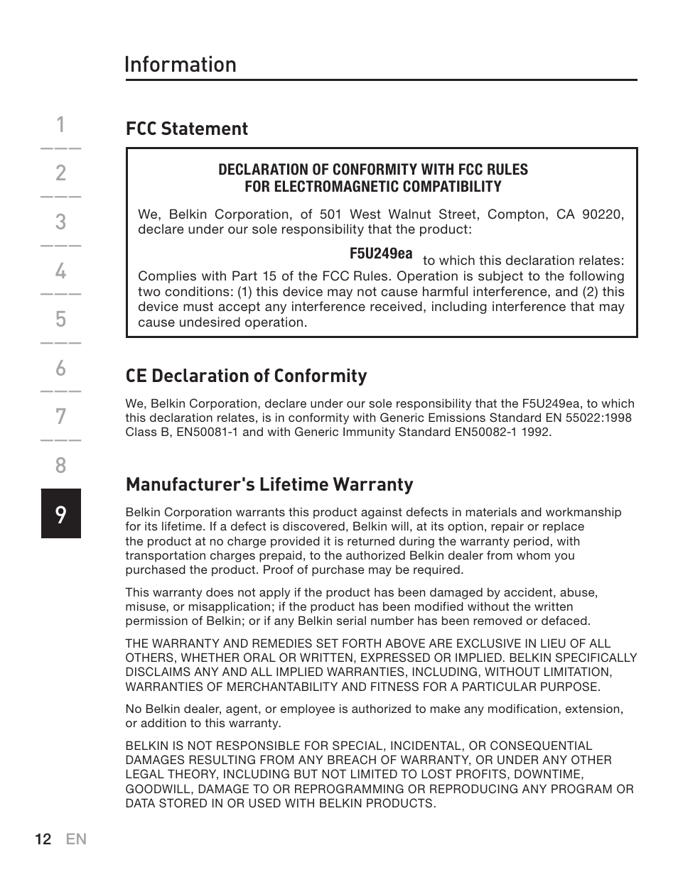Information | Belkin F5U249EA User Manual | Page 14 / 96