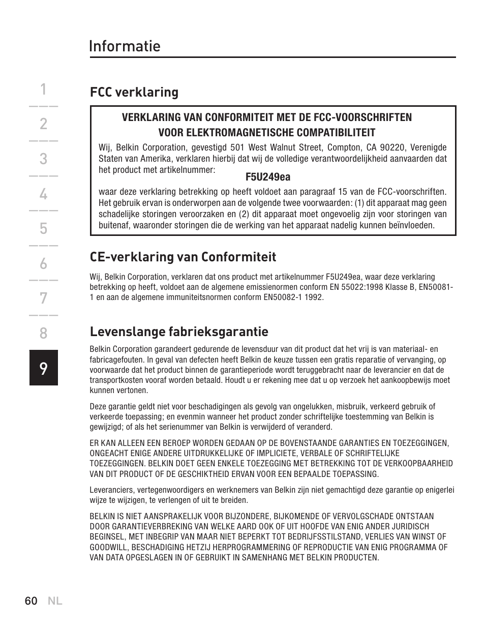 Informatie | Belkin F5U249EA User Manual | Page 62 / 96