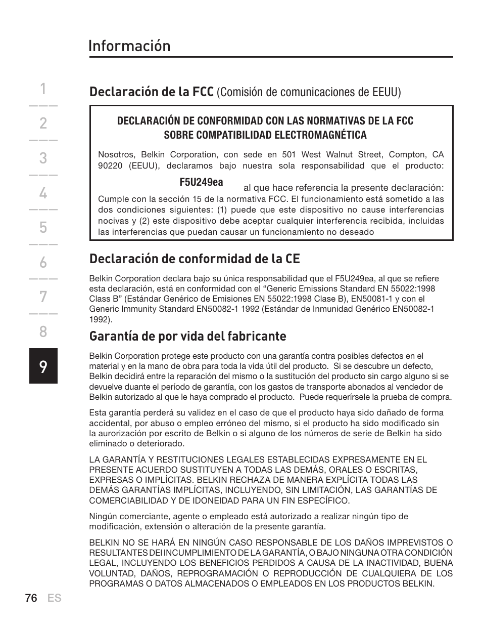 Información | Belkin F5U249EA User Manual | Page 78 / 96