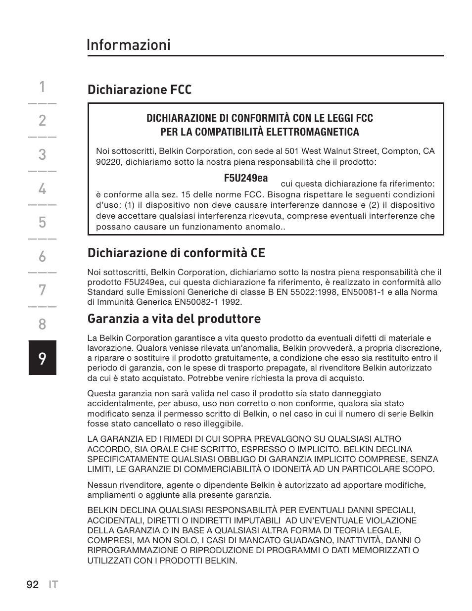 Informazioni | Belkin F5U249EA User Manual | Page 94 / 96