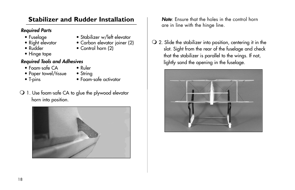 Stabilizer and rudder installation | E-flite Byp Yak 3D ARF User Manual | Page 18 / 40