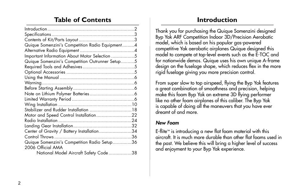 E-flite Byp Yak 3D ARF User Manual | Page 2 / 40