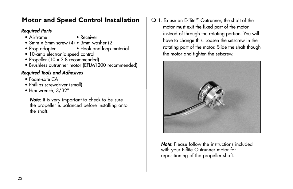 Motor and speed control installation | E-flite Byp Yak 3D ARF User Manual | Page 22 / 40