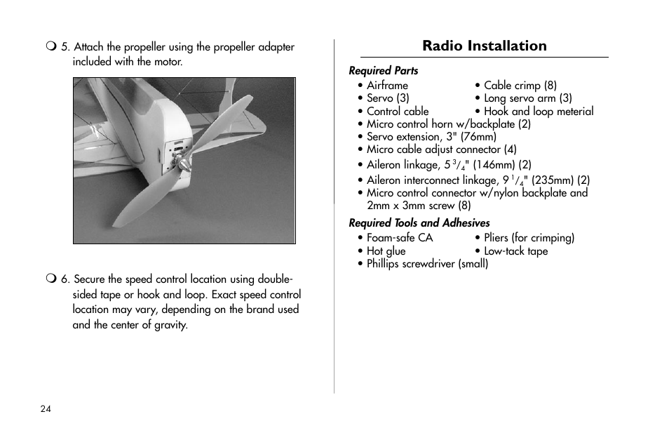 Radio installation | E-flite Byp Yak 3D ARF User Manual | Page 24 / 40