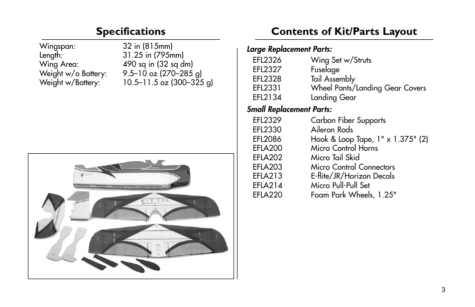 Specifications, Contents of kit/parts layout | E-flite Byp Yak 3D ARF User Manual | Page 3 / 40