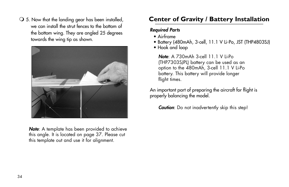 Center of gravity / battery installation | E-flite Byp Yak 3D ARF User Manual | Page 34 / 40