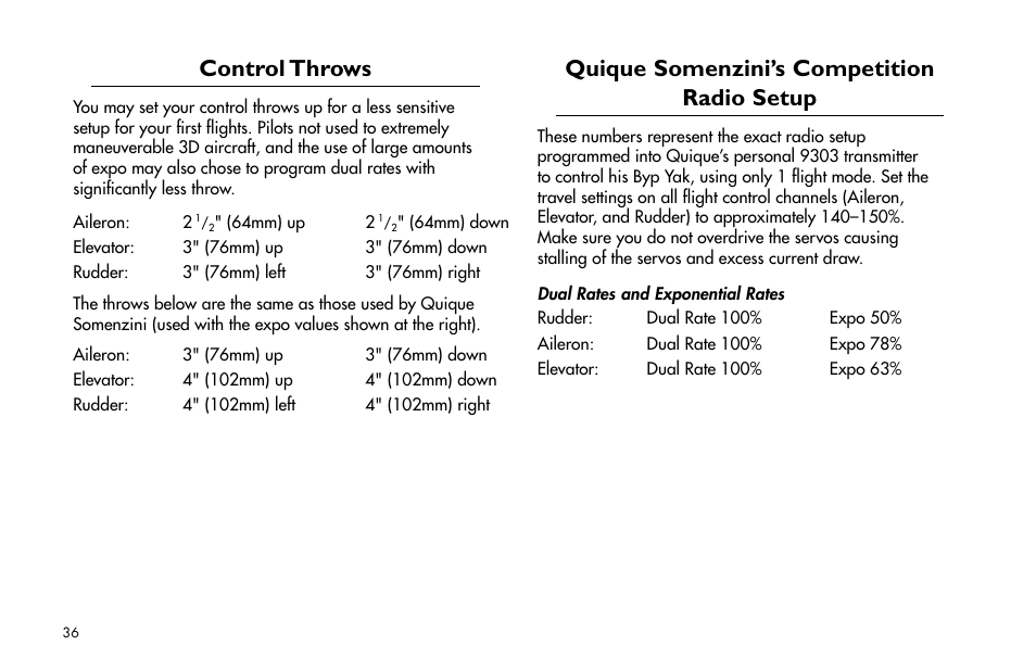 Control throws, Quique somenzini’s competition radio setup | E-flite Byp Yak 3D ARF User Manual | Page 36 / 40
