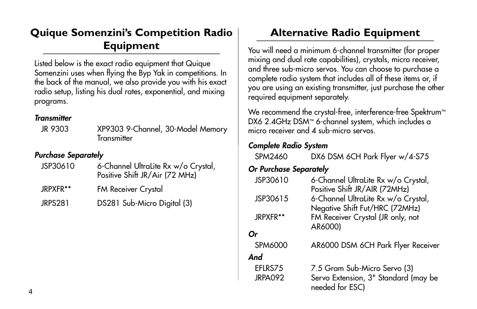 Quique somenzini’s competition radio equipment, Alternative radio equipment | E-flite Byp Yak 3D ARF User Manual | Page 4 / 40