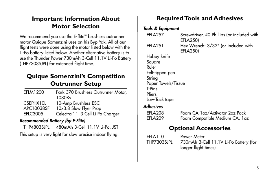 Important information about motor selection, Quique somenzini’s competition outrunner setup, Required tools and adhesives | Optional accessories | E-flite Byp Yak 3D ARF User Manual | Page 5 / 40