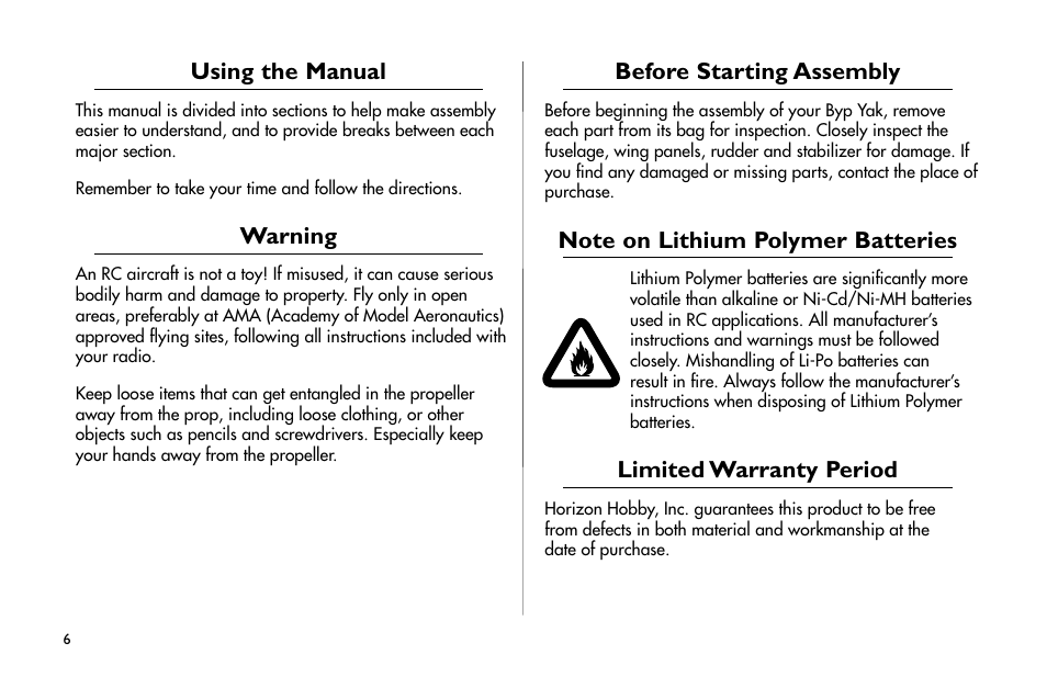 Using the manual, Warning, Before starting assembly | Note on lithium polymer batteries, Limited warranty period | E-flite Byp Yak 3D ARF User Manual | Page 6 / 40