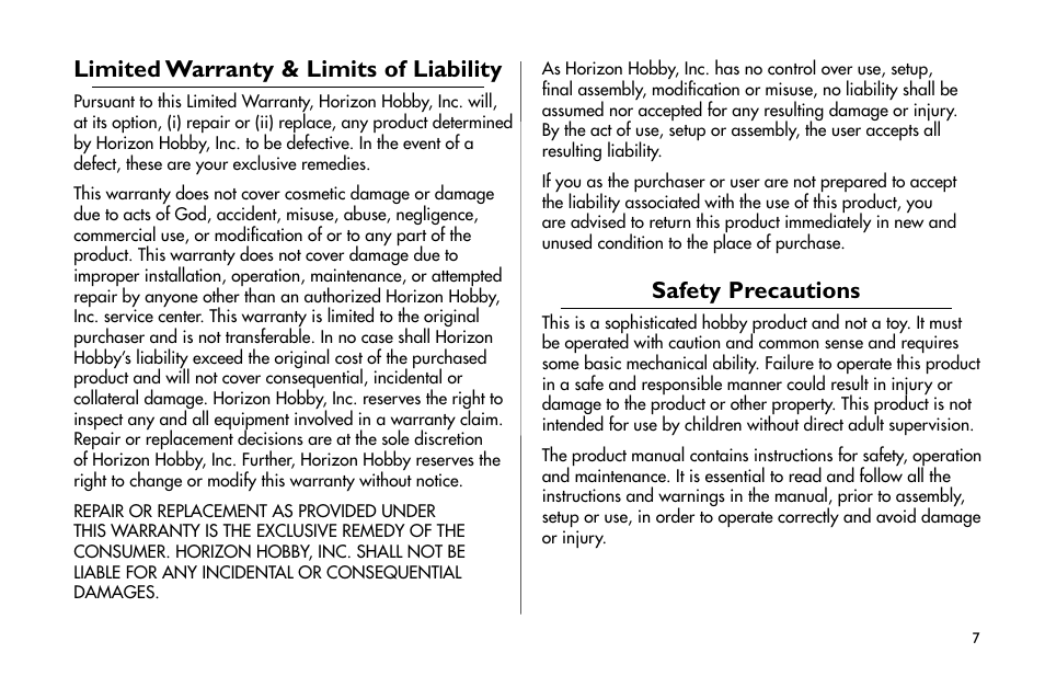 Limited warranty & limits of liability, Safety precautions | E-flite Byp Yak 3D ARF User Manual | Page 7 / 40