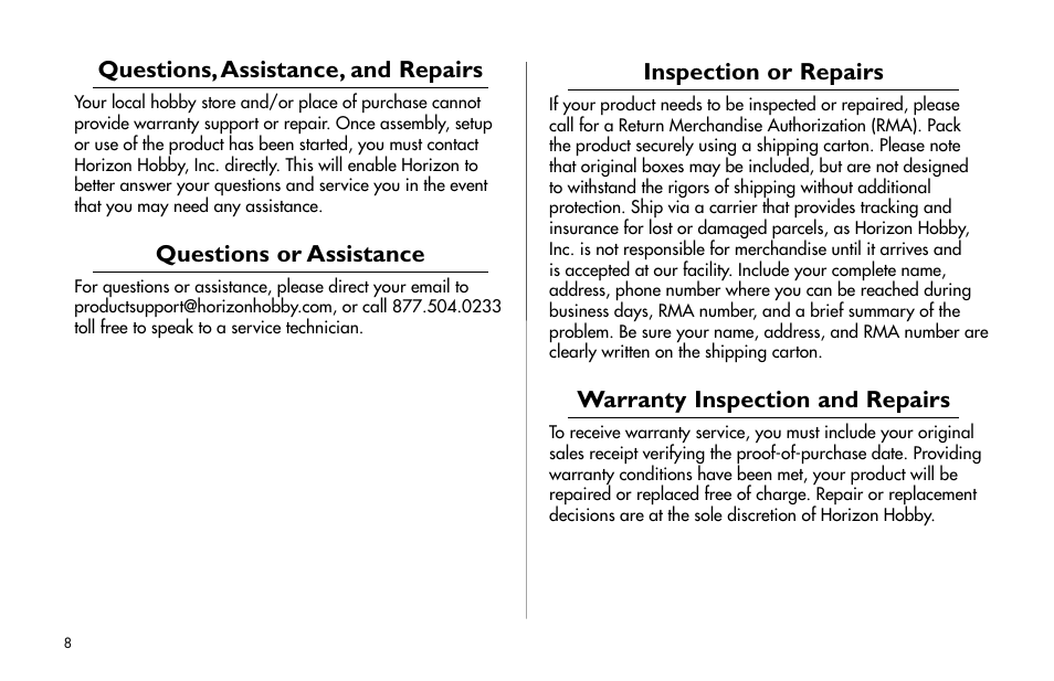 Inspection or repairs, Warranty inspection and repairs, Questions, assistance, and repairs | Questions or assistance | E-flite Byp Yak 3D ARF User Manual | Page 8 / 40