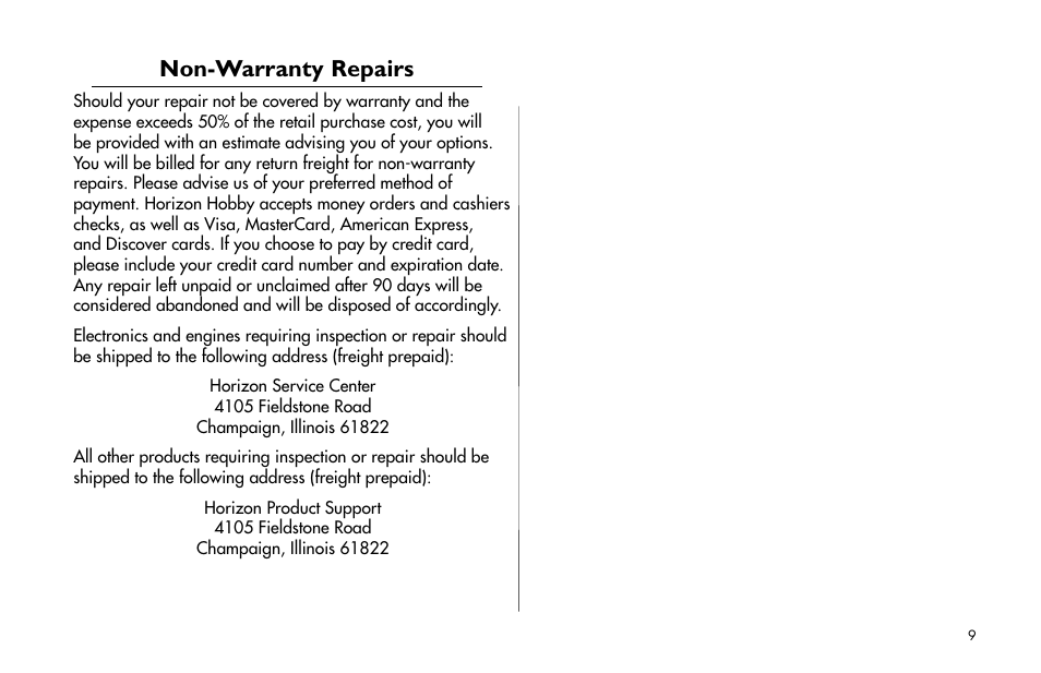 Non-warranty repairs | E-flite Byp Yak 3D ARF User Manual | Page 9 / 40