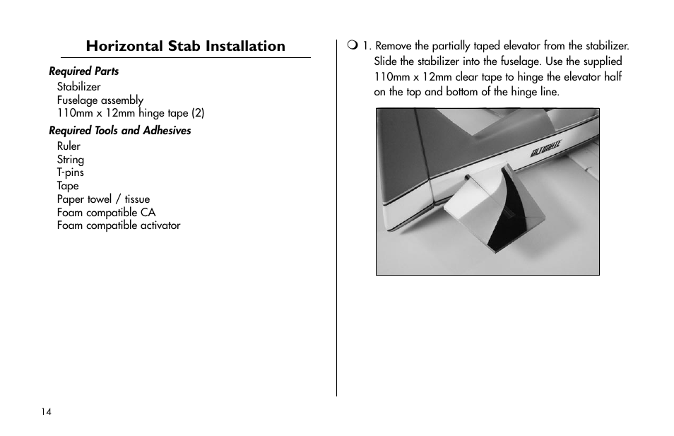 Horizontal stab installation | E-flite Ultimate Fx 3D ARF User Manual | Page 14 / 40