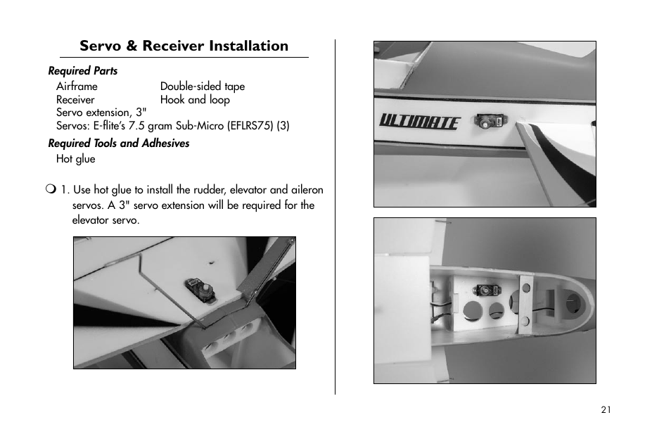 Servo & receiver installation | E-flite Ultimate Fx 3D ARF User Manual | Page 21 / 40