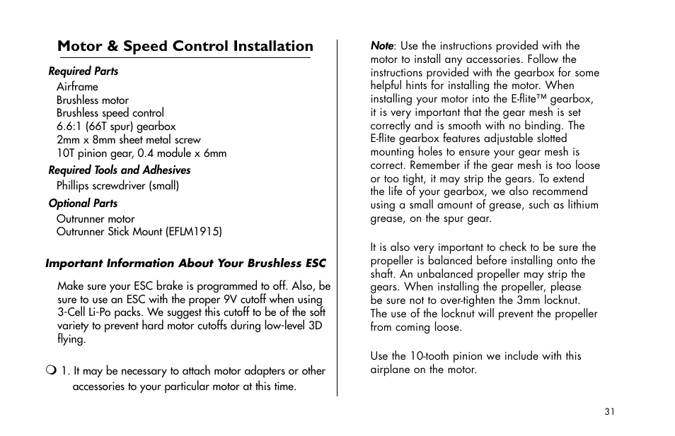Motor & speed control installation | E-flite Ultimate Fx 3D ARF User Manual | Page 31 / 40