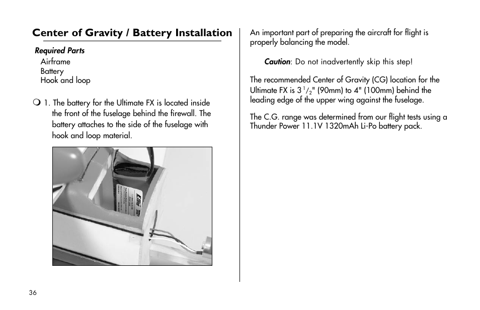 Center of gravity / battery installation | E-flite Ultimate Fx 3D ARF User Manual | Page 36 / 40