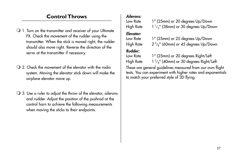 Control throws | E-flite Ultimate Fx 3D ARF User Manual | Page 37 / 40