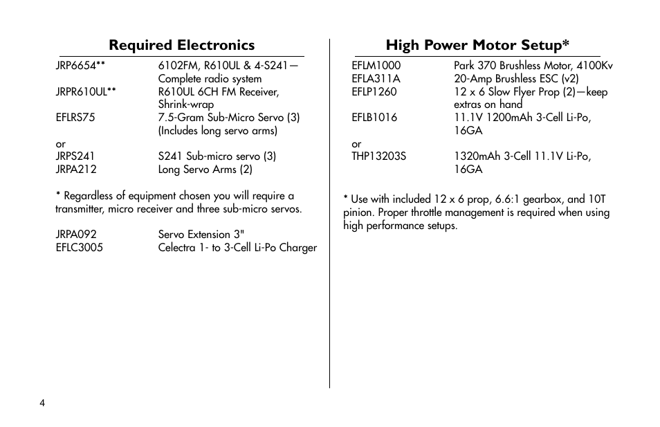 Required electronics & accessories, High power motor setup, Required electronics | E-flite Ultimate Fx 3D ARF User Manual | Page 4 / 40