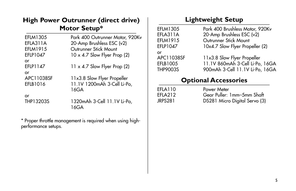 High power outrunner (direct drive) motor setup, Lightweight setup, Optional accessories | E-flite Ultimate Fx 3D ARF User Manual | Page 5 / 40