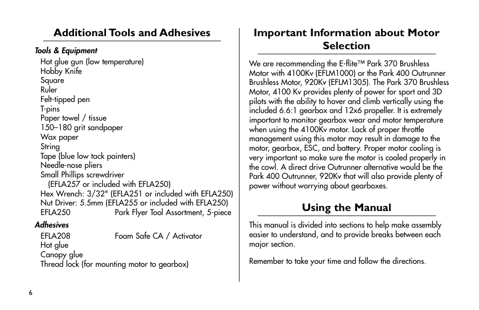 Additional tools and adhesives, Important information about motor selection, Using the manual | E-flite Ultimate Fx 3D ARF User Manual | Page 6 / 40