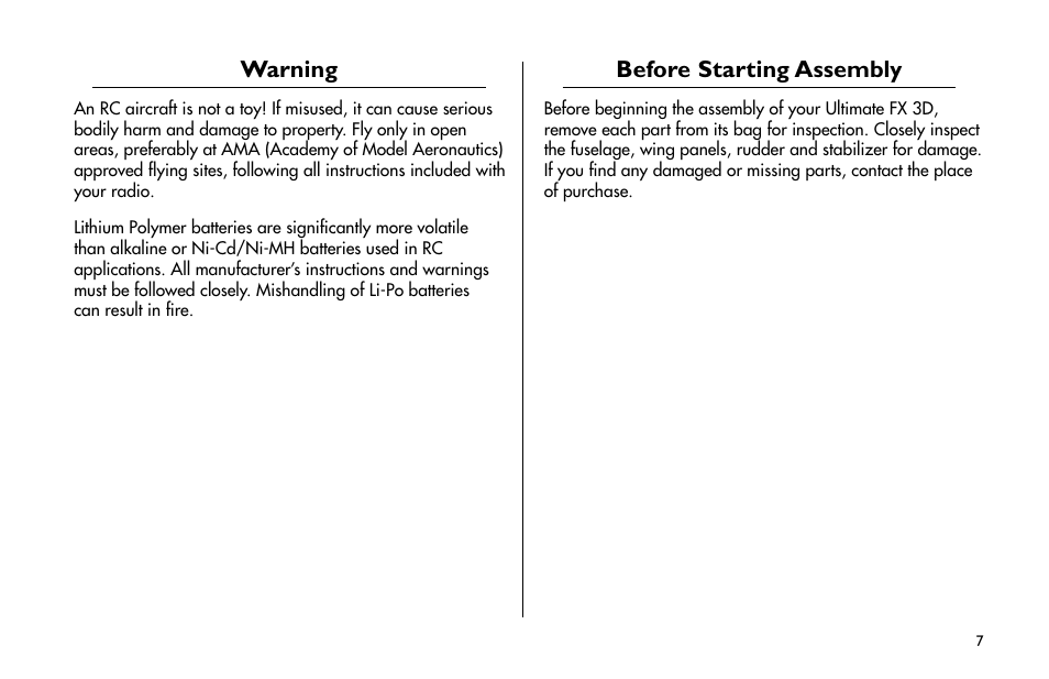 Warning, Before starting assembly | E-flite Ultimate Fx 3D ARF User Manual | Page 7 / 40