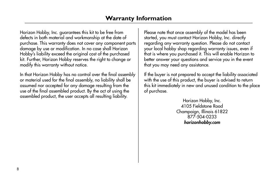 Warranty information | E-flite Ultimate Fx 3D ARF User Manual | Page 8 / 40