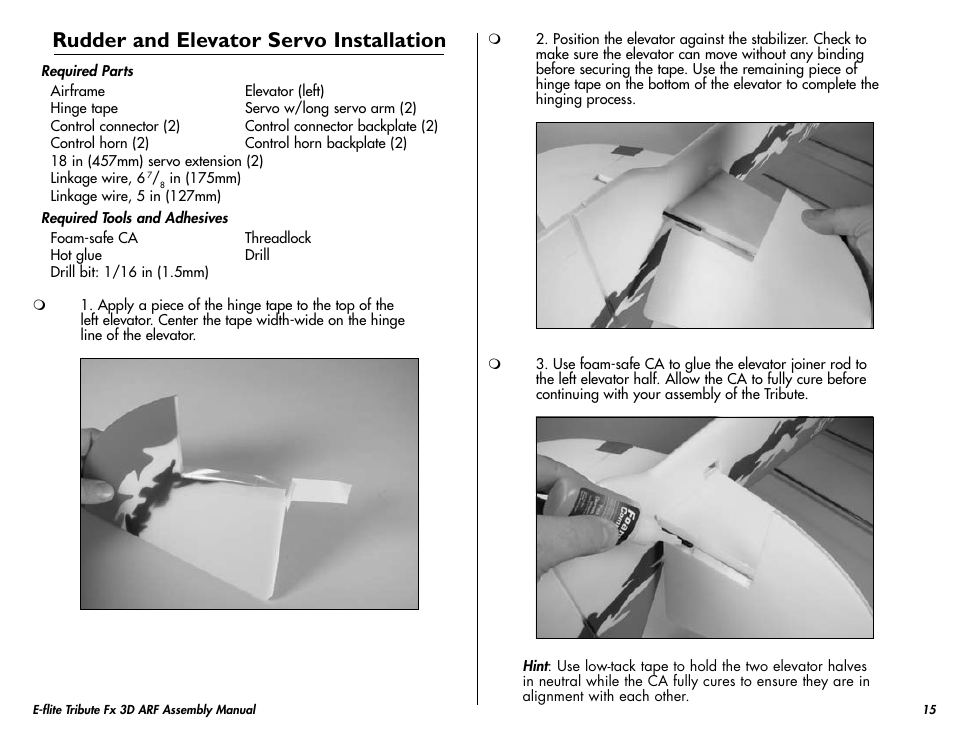 Rudder and elevator servo installation | E-flite Tribute FX 3D ARF User Manual | Page 15 / 28
