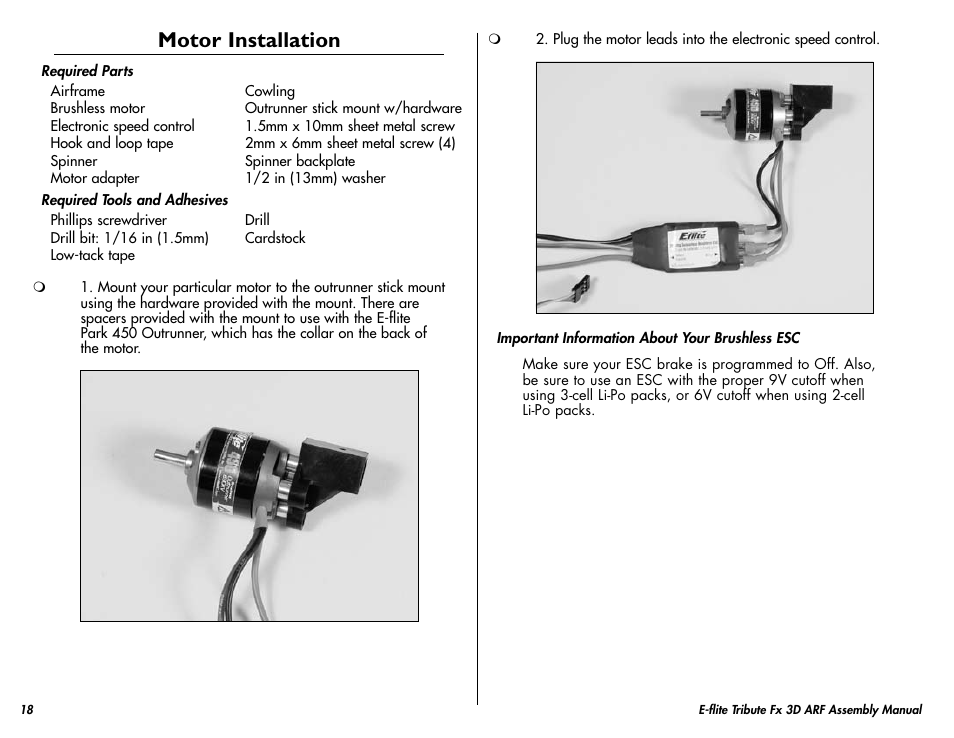 Motor installation | E-flite Tribute FX 3D ARF User Manual | Page 18 / 28