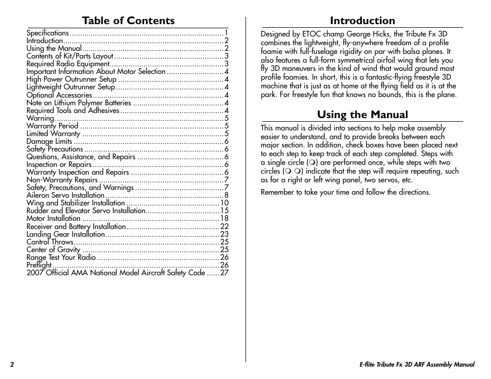 E-flite Tribute FX 3D ARF User Manual | Page 2 / 28