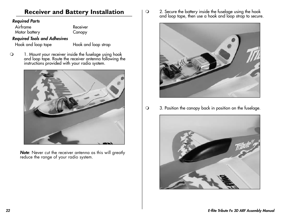 Receiver and battery installation | E-flite Tribute FX 3D ARF User Manual | Page 22 / 28