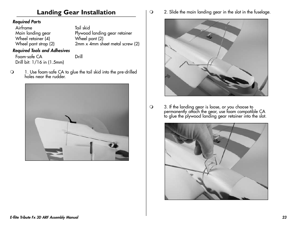 Landing gear installation | E-flite Tribute FX 3D ARF User Manual | Page 23 / 28