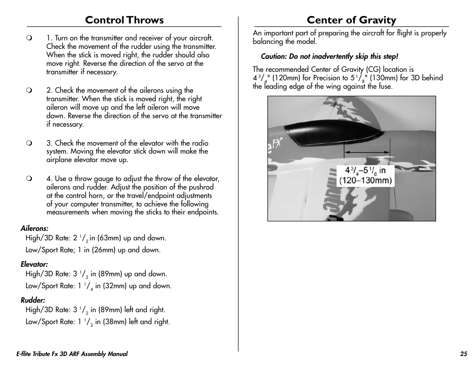 Control throws, Center of gravity | E-flite Tribute FX 3D ARF User Manual | Page 25 / 28