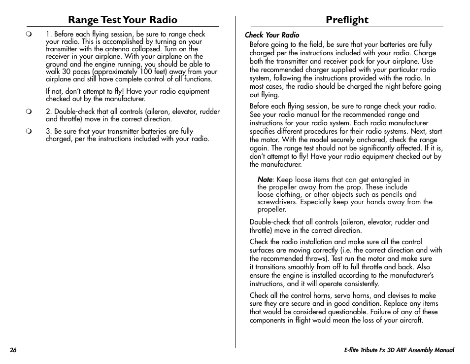Range test your radio, Preflight | E-flite Tribute FX 3D ARF User Manual | Page 26 / 28