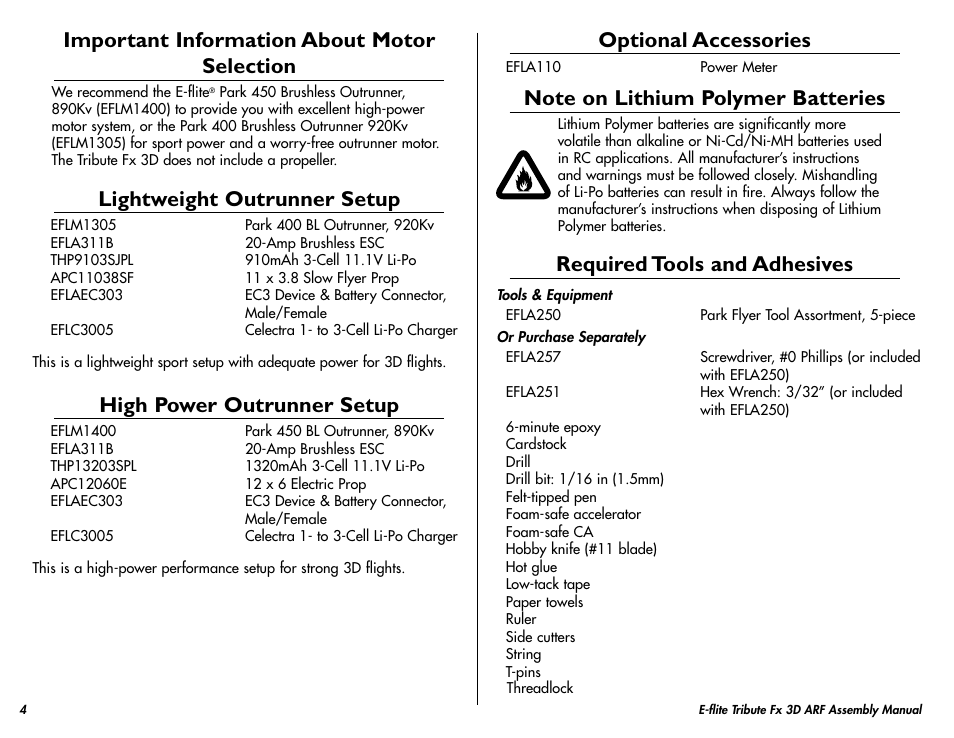 Important information about motor selection, High power outrunner setup, Lightweight outrunner setup | Optional accessories, Note on lithium polymer batteries, Required tools and adhesives | E-flite Tribute FX 3D ARF User Manual | Page 4 / 28