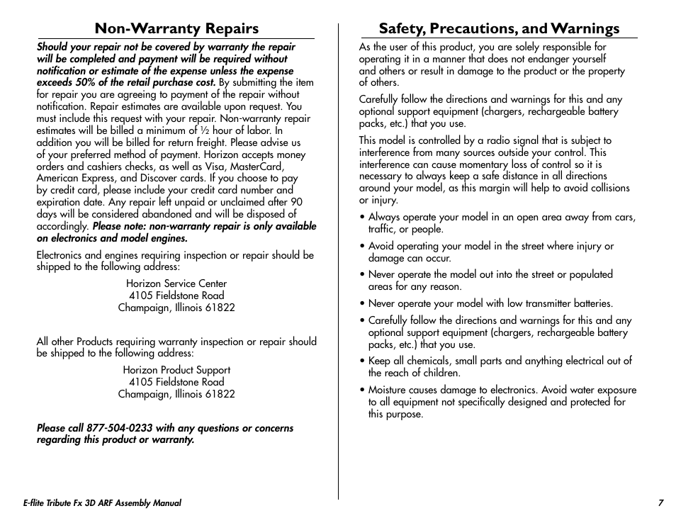 Non-warranty repairs, Safety, precautions, and warnings | E-flite Tribute FX 3D ARF User Manual | Page 7 / 28