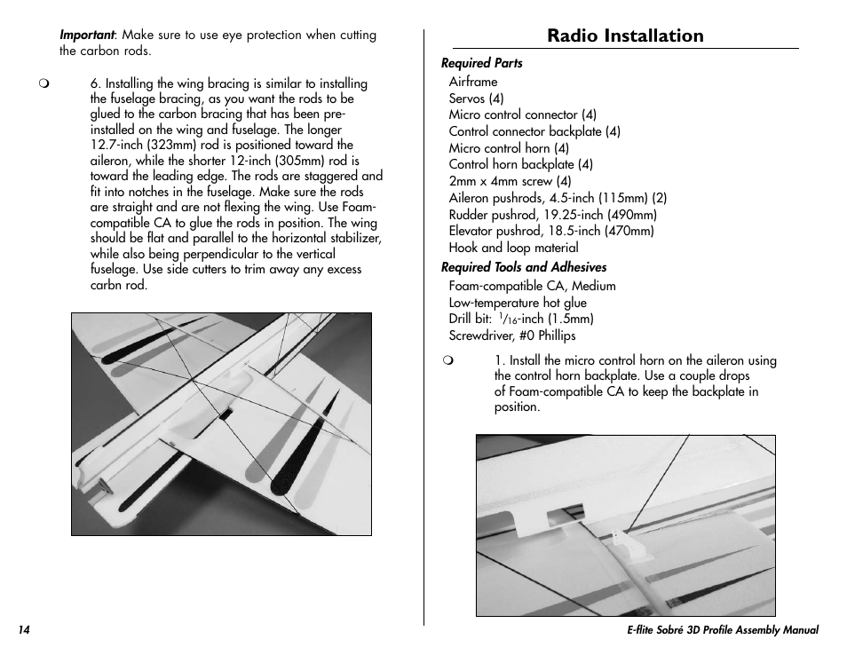 Radio installation | E-flite Sobre 3D Profile User Manual | Page 14 / 32