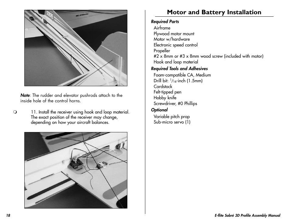 Motor and battery installation | E-flite Sobre 3D Profile User Manual | Page 18 / 32